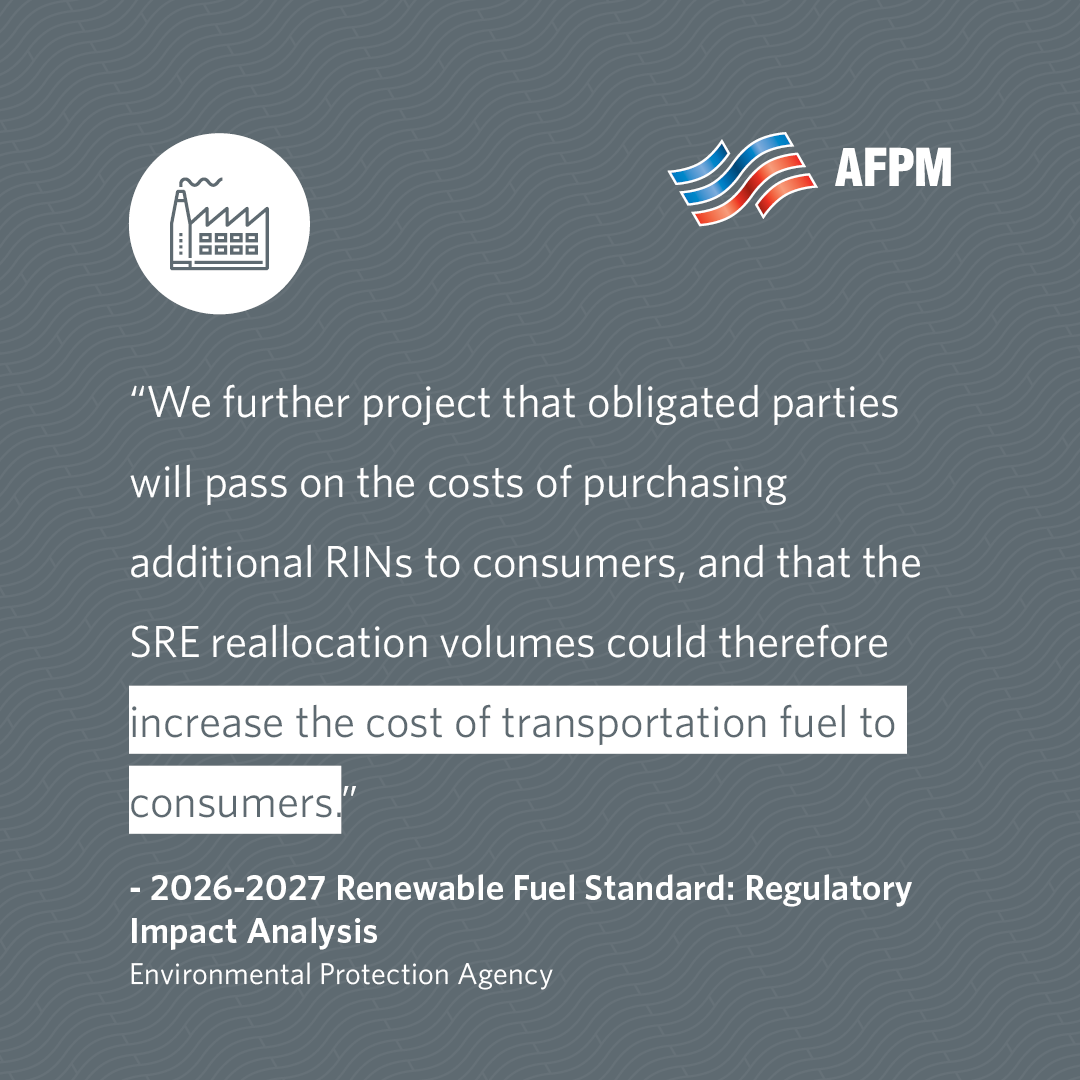 A quote from the Environmental Protection Agency projecting that the 2026-2027 Renewable Fuel Standard will "increase the cost of transportation fuel to consumers."